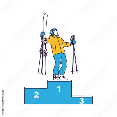 Skier on podium with equipment ready to ride slopes, skier on podium holds ski gear. Skier on podium with poles, dressed in winter jacket and pants.
