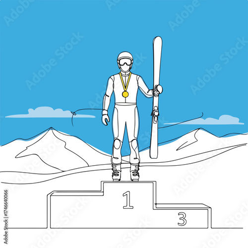 Standing on winner's podium, skier holds skis against backdrop of snowy mountains. Skier celebrates victory, receiving gold medal. Skier on winner's podium represents determination.
