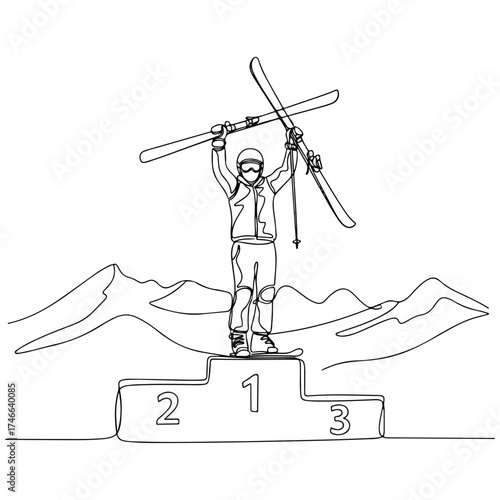 Single continuous line drawing of skier standing on podium, holding skis, showcasing sports achievement. Skier celebrates sports victory, symbolizing individual triumph, and sportsmanship.