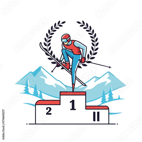 Winter sports champion stands on podium, celebrating victory in alpine skiing competition. Alpine skiing participant on winner's pedestal with laurel wreath and majestic mountains in background.