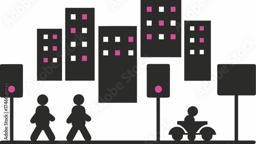 Modern city life featuring pedestrians and accessible transportation with abstract buildings, perfect for urban planning and design projects in a modern style