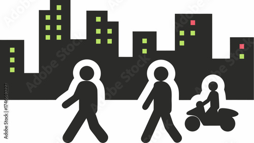 Urban life unfolds with pedestrians strolling and a motorcyclist cruising against the backdrop of a modern city skyline, simple yet stylish design
