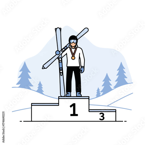 Champion skier standing on podium with skis celebrating victory, champion skier enjoying the moment, winter scene. Champion skier holding skis on shoulder after winning the race in winter,