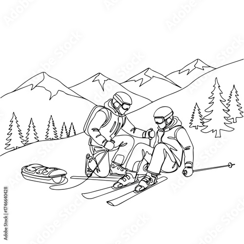Ski injury showing rescuer aiding injured skier on snowy mountain slope in line art. Ski injury incident demands quick response and proper care. Outline ski injury depiction for education, training,