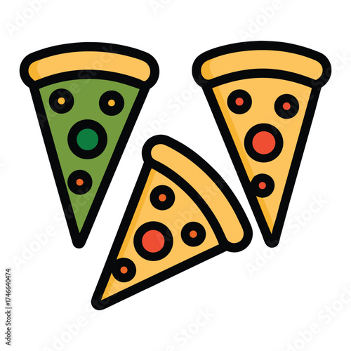 Three delicious slices of pizza with different toppings arranged in a visually appealing composition on a white background perfect for food related designs and menus