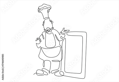 Continuous Line Drawing of a Chef Presenting a Menu Board. line icon-continuous line drawing. Editable stroke. 