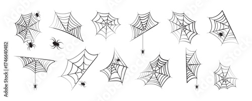 Halloween doodle set. Silhouettes set, spooky black simple corner, thread icon isolated on white background. Bat, pumpkin, design element. Vector illustration