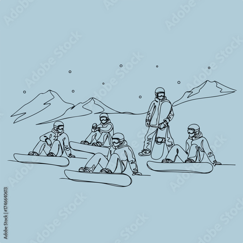 Snowboarders on a snowy mountain backdrop in minimalist style. Snowboarders enjoy winter sports in the mountains with snowflakes in the air, depicted in a simple and clean outline.