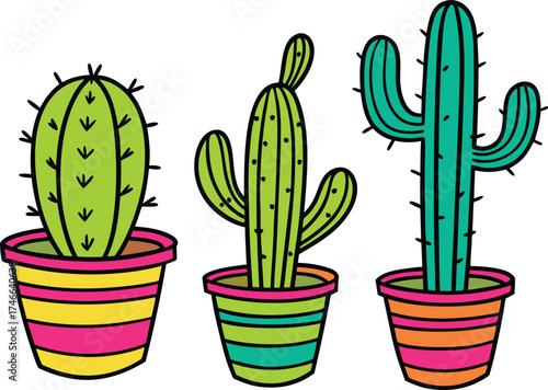 Three colorful potted cactus plants with vibrant striped pots in a simple cartoon illustration style on a white background