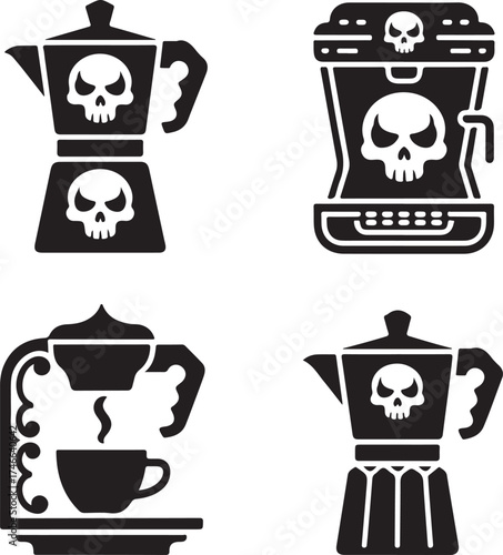 Collection of Unique Coffee Maker Icons with Skull Designs for Halloween Brew and Spooky Caffeine Fix
