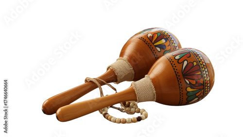 Two wooden maracas with colorful decorative patterns on a black background