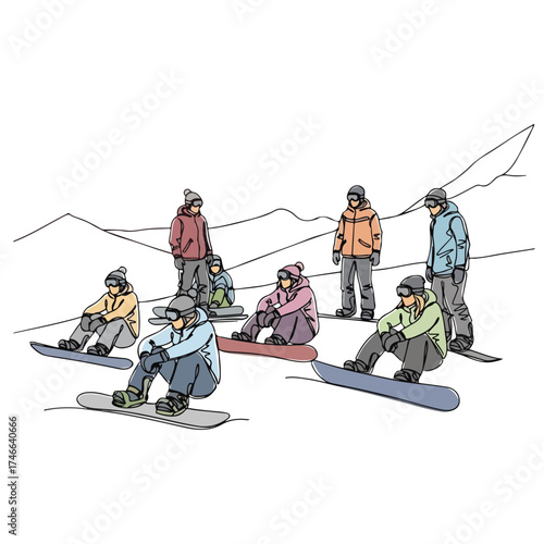 Snowboarders resting on snowy mountain slope after snowboarding session, showing active lifestyle. Group of snowboarders sitting and relaxing after activity, showing camaraderie in winter sports,