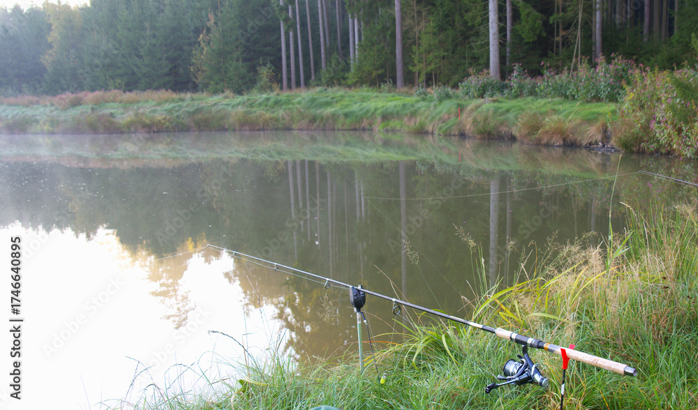 Obraz premium Close-up of a fishing rod resting on the riverbank
