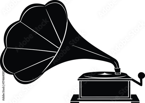 Vintage gramophone playing music silhouette.