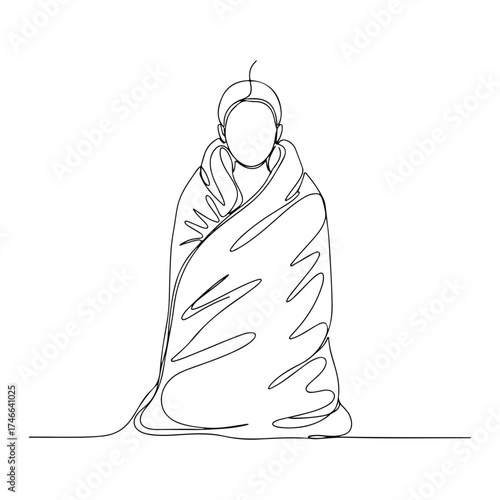 One line woman wrapped in blanket, a comforting scene portrayed simply. Single continuous line highlights woman wrapped in blanket, showing warmth.