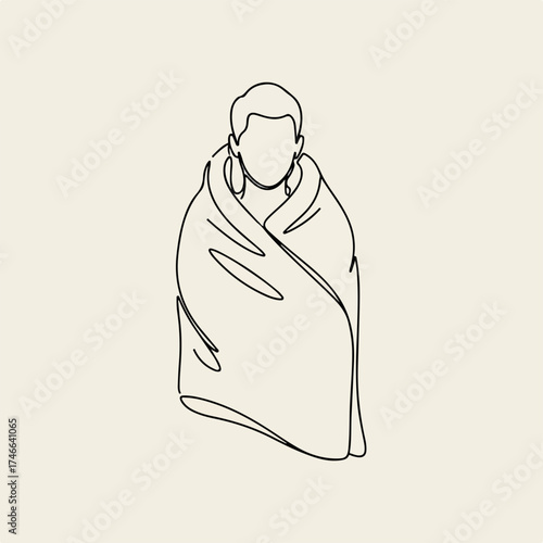 Line drawing person wrapped in blanket for cold season concepts. Continuous line drawing of a character wrapped in soft warm blanket illustrates cozy comfort, inviting relaxation,
