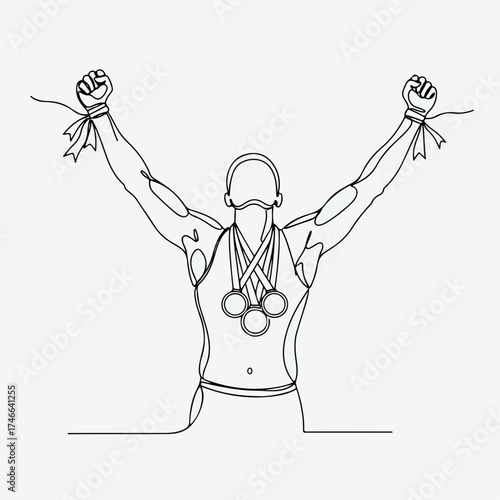 Line drawing art of winner with medals raised in victory, champion celebrating win in a modern style. Showing winner with medals art design on bright background, this single line style illustration,