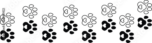 Paw vector trail, pet foot print. Black lines animal prints on transparent background. path pattern animal tracks. footprints Pet paw, Heart with pet paw print dog cat icon, vector illustration
