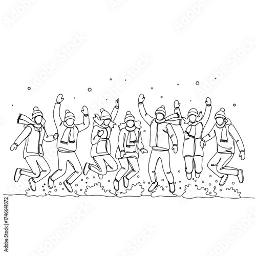 Group of friends jumping in snow, joyful friends in winter clothes express elation outdoors. Winter scene with happy friends leaping high, bundled up in coats and scarves.