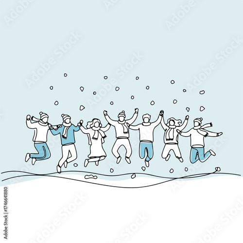 Group jumping excitedly in winter snow, celebrating winter season outdoors. Group jumping shows excitement and happiness amidst gentle snowfall, all bundled up in winter clothes.