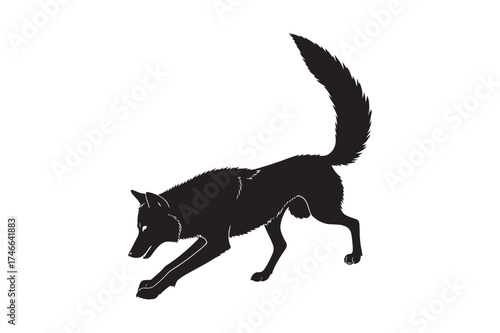 PrintBlack silhouette of a wolf with a raised tail in motion