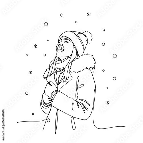Continuous line drawing of happy woman enjoying winter weather, smiling in snow. Beautiful girl embraces winter season, savoring each moment in snowfall. Stylish winter line art drawing for prints,