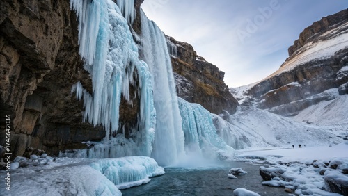 Majestic frozen waterfall surrounded by ice and snow in a mountain landscape