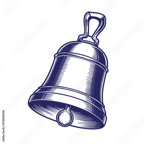 Detailed engraved illustration of a vintage hand bell with a classic ringing sound