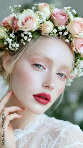 Ethereal Young Woman in Colorful Floral Crown: Romantic Close-Up in Warm Light