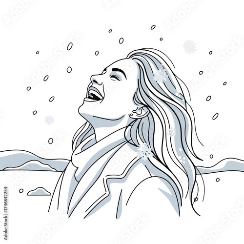 Smiling woman catches snowflakes with head tilted back in winter scene. Smiling woman enjoys peaceful moment under falling snow, showcasing joy and serenity in winter's embrace.