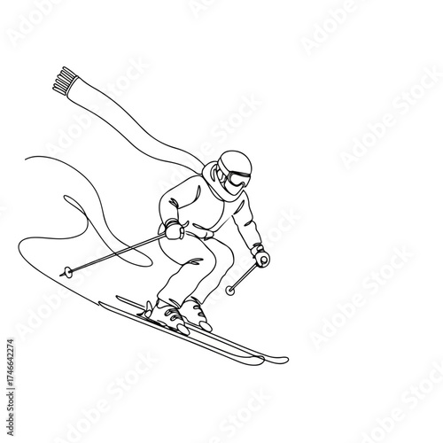 Skiing line art illustration of skier in motion down hill, rendered with continuous line. Skiing illustration includes equipment, goggles, warm clothing and downhill motion.