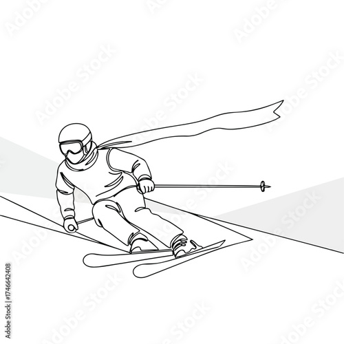 Line drawing of skier on snowy slope in winter season. Skier is speeding down mountain with skis and poles, showcasing the thrill of winter sports. Dynamic skier artwork for sport themed media.