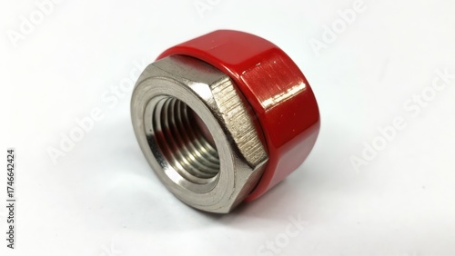Close up of a metal nut with red plastic coating on a white background