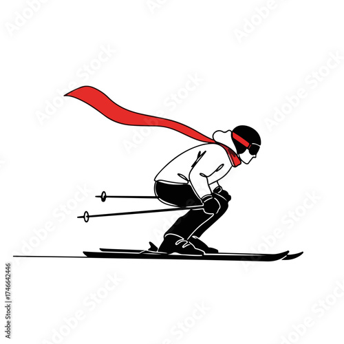 Fast downhill skiing with skier speeding down slope with a red scarf and poles. Downhill skiing is invigorating, shows power and elegance in motion. Enjoy downhill skiing in all weather conditions.