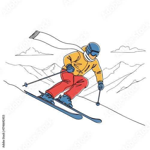 Skiing in mountains depicts sporty character carving down snow-covered slopes. Skiing down slope demands proper equipment and expert handling in dangerous terrain.