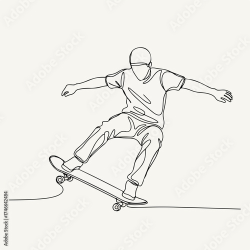 One line drawing of skateboarder performing a trick on his skateboard. Continuous line art depicts skateboarding in clean minimal drawing style. Illustration one line drawing for modern,