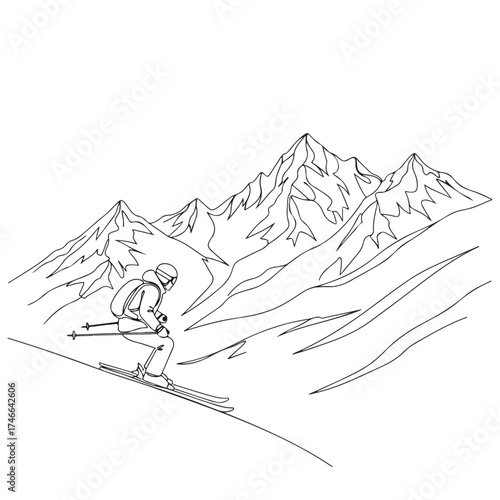 Single line drawing of alpine skiing activity with mountains, showing winter sports. Winter sports are popular. Alpine skiing shows outdoor activity in snowy landscape.