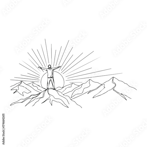 Silhouette illustration of mountain climber celebrating at peak with sun rising behind him, mountain climber with arms outstretched in success.