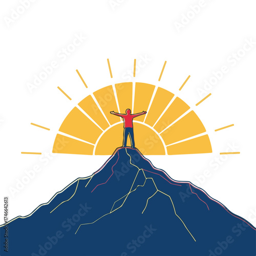 Reaching mountain peak with arms outstretched against rising sun, achievement concept. Reaching mountain peak represents conquering challenges and embracing freedom on hilltop in nature.