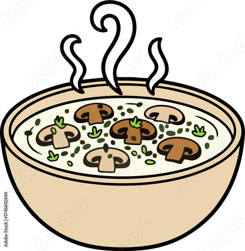 Hot Creamy Mushroom Soup Vector – Steaming Soup Bowl with Sliced Mushrooms and Parsley Garnish, Flat Cartoon Illustration