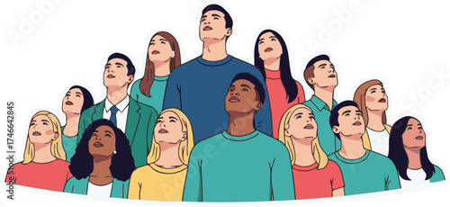 Stylized vector illustration of diverse people looking upwards collectively.