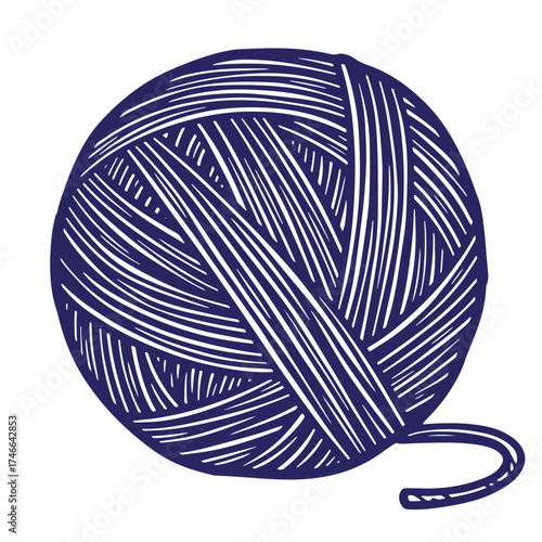 Detailed vintage illustration of a ball of yarn in blue and white colors