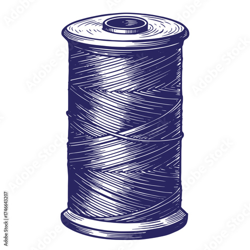 Detailed vintage illustration of a blue thread spool isolated on a white background