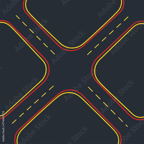Street crossing displays crossroads and traffic lines on dark background. Street crossing showing red and yellow curved lines that symbolize junctions, intersections and roads.