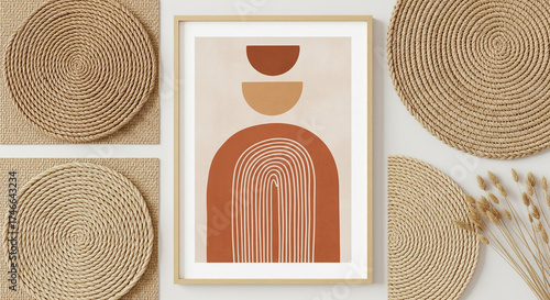 Bohemian interior decor with framed art mockup