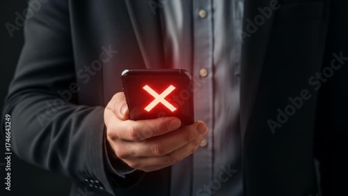 Man Holds Phone Showing Cancel error Icon.