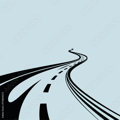 Winding road illustrated with solid black lines and dashed lines creates a visual journey, winding road leading into distance. It's winding road perfect for demonstrating path, direction,