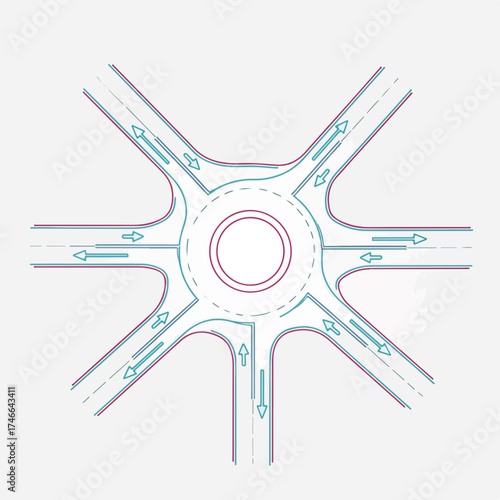 Road roundabout illustrates city communication systems with six entry points and directional arrows. Roundabout shows flow of traffic and design with inner and outer circles.