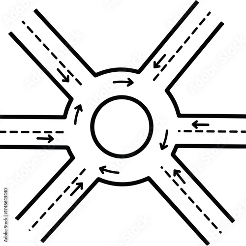Road roundabout illustration showing city communications systems for road directions. City communications systems illustration depicts lanes, arrows, and circular movement to maintain traffic flow.
