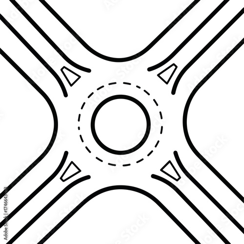 Illustration of roundabout intersection demonstrating city communications systems. Roundabout illustration depicts road junctions for traffic flow. Presenting roundabout junction,